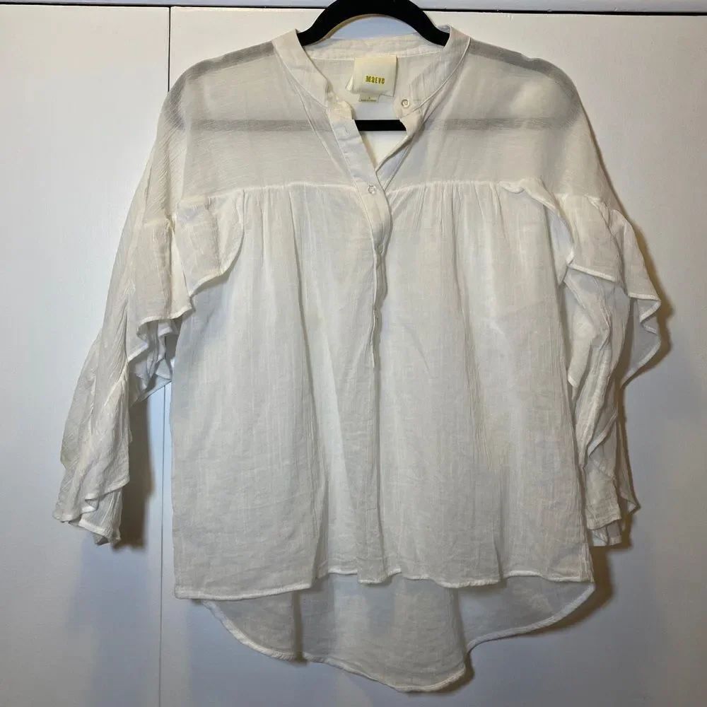 ANTHROPOLOGIE MAEVE 3/4 Sleeve Ruffle Semi Sheer Blouse White Women’s Size Small